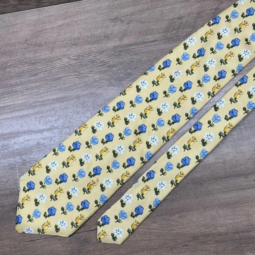 Faconnable Mens Silk Tie Yellow Blue Floral Rose Pattern Handmade in France‎